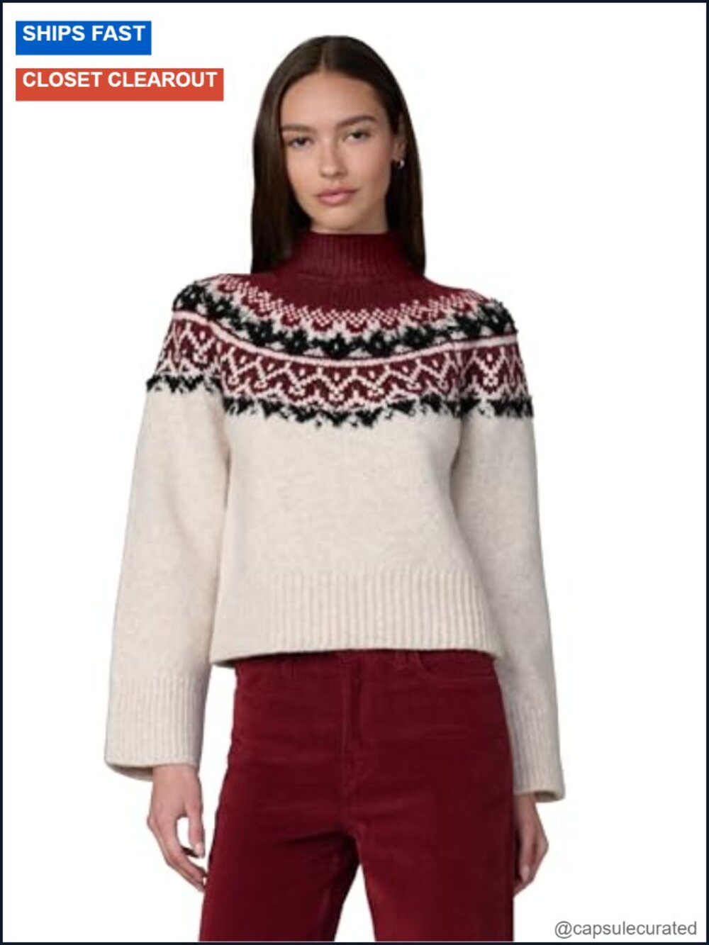 Women's Fair Isle Pullover Sweater Wool Blend Funnel Neck Relaxed Fit